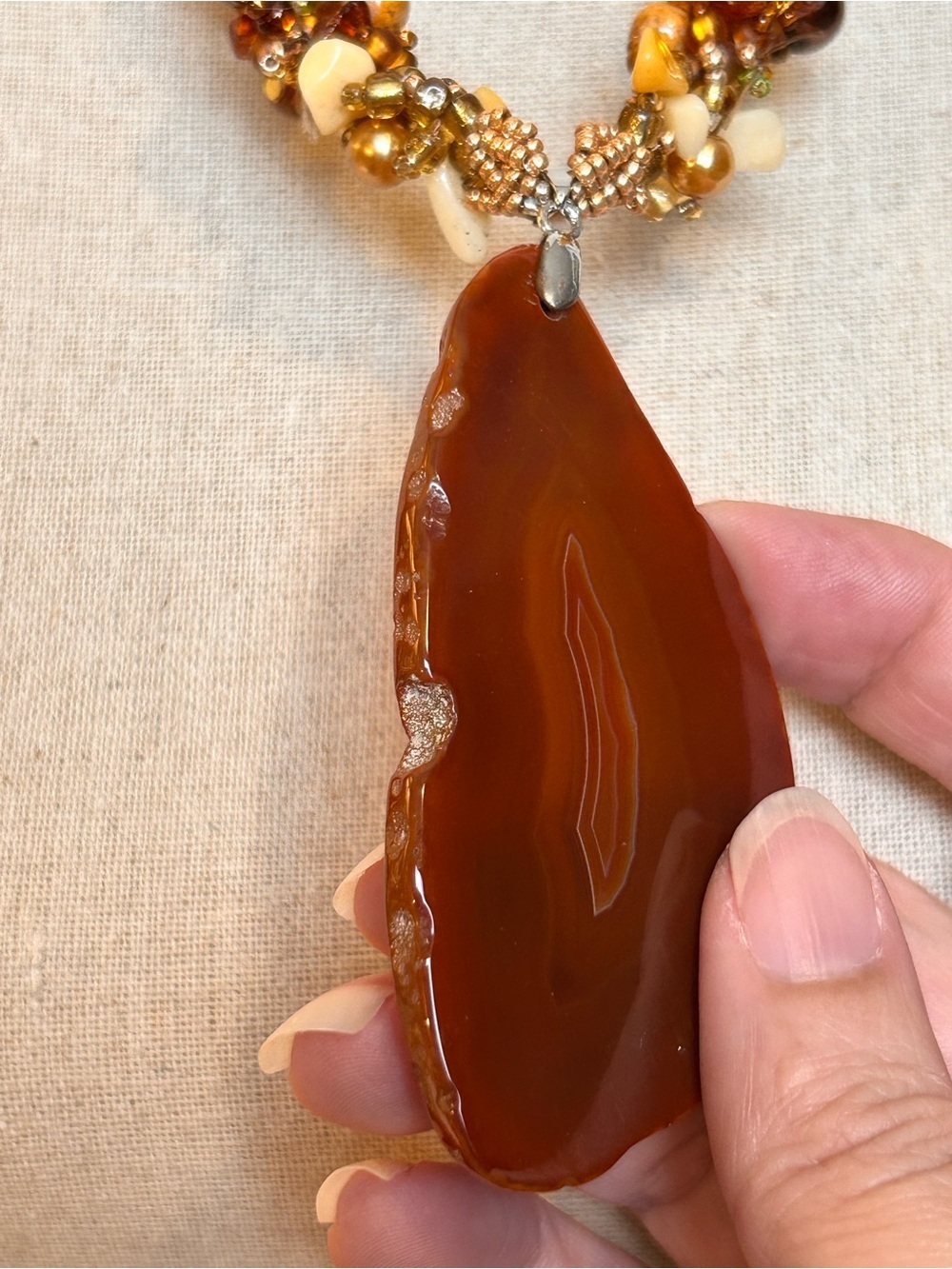 Artisan Chunky Carnelian Agate Slice Pendant Necklace, Carnelian Peridot Earthy - Picture 11 of 11